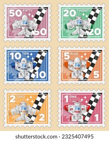 Set of postage stamps. Sports aircrafts. Collection. Isolated on a colored background. Vector illustration.
