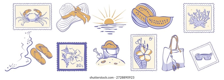 Conjunto de sellos postales para unas vacaciones de playa de verano en un estilo vintage, dibujado a mano. Sombrero, sandía, sandalias, puesta de sol, flores, una bolsa de playa, y otros atributos y signos de unas vacaciones maravillosas.