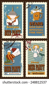 Set of postage stamps with  symbolical images of  zodiac sings. Set contains signs of  zodiac, beer mug,ship,beer tun and stars. Postage stamps. Cartoon  style.