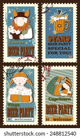 Set of postage stamps with  symbolical images of  zodiac sings. Set contains signs of  zodiac, beer mug,ship,beer tun and stars. Postage stamps. Cartoon  style.