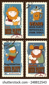 Set of postage stamps with  symbolical images of  zodiac sings. Set contains signs of  zodiac, beer mug,ship,beer tun and stars. Postage stamps. Cartoon  style.