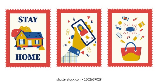 Set of postage stamps theme coronavirus. The concept of social security during a pandemic. Vector flat design illustration.