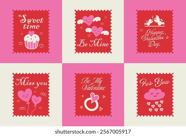 Set of Postage Stamps. Trendy Love Stickers. Happy Valentine`s Day. 14 February. Cool Patches Collection.