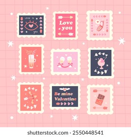 Conjunto de sellos postales para el día de San Valentín, en un estilo lindo retro de dibujos animados