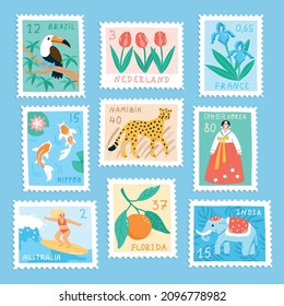 Set of postage stamps of various countries of the world. Hand drawn vector stamps depicting symbols of Japan, Australia, Netherland, etc. Cute cartoon style.