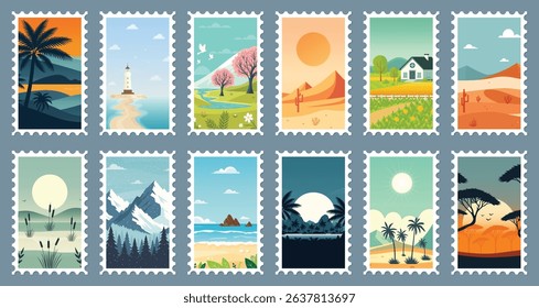 Set of postage stamps with various natural landscapes and seasons flat vector illustration.
