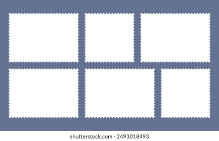 Set of postage stamps in white with zigzag edges in horizontal and square format, arranged symmetrically in two rows. Mockup for design. Vector illustration of table with frames.