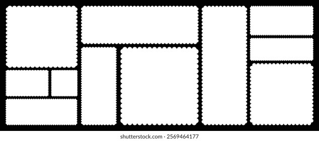 Set of postage stamps in white with zigzag edges in horizontal and square format, arranged symmetrically in two rows. Zigzag edge rectrangle shape frames. Mockup for design. zigzag frame