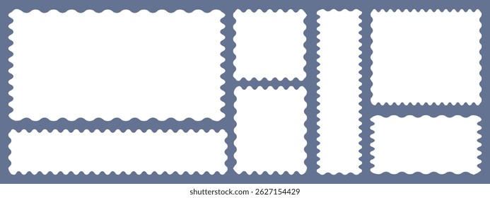 Set of postage stamps in white with zigzag edges in horizontal and square format, arranged symmetrically in two rows. Mockup for design. Vector illustration	