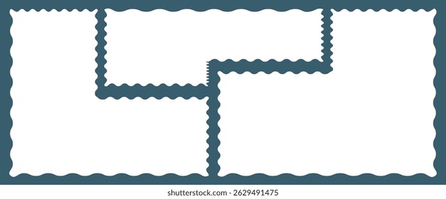 Set of postage stamps in white with zigzag edges in horizontal and square format, arranged symmetrically in two rows. Mockup for design. Vector illustration