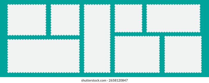 Set of postage stamps in white with zigzag edges in horizontal and square format, arranged symmetrically in two rows. Templates for design. Vector illustration	