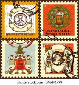 Set of postage stamps for winter holidays. Set contains images of  Santa,  reindeer, beer mug, couple of bullfinches, ribbons, text and stamps. New Years postage stamps set.