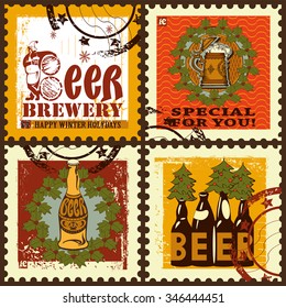 Set  of postage stamps for winter holidays. Set contains images of beer bottle ,beer mug, Santa, text and stamps. New Year's postage stamps set.