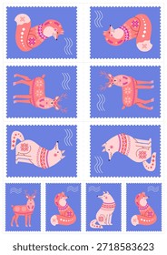 Conjunto de selos postais em forma de etiqueta com animais florestais bonitos: raposa, lobo, veado. As ilustrações de Victor estão em A4, papel A3 para impressão em casa, cortando com tesoura para artesanato infantil.