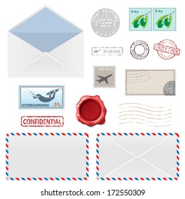 Set of Postal Business Icons, Envelopes, Stamps. Vector illustration.
