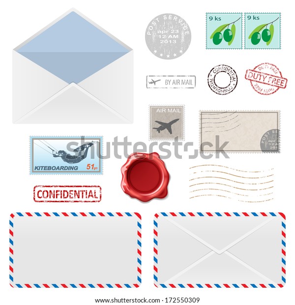 Set Postal Business Icons Envelopes Stamps Stock Vector (Royalty Free ...
