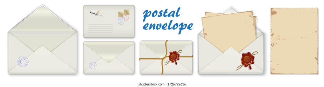 Set Postal envelope,mail, letter, blank sheet of paper, wax seal with rope isolated on white background vector illustration