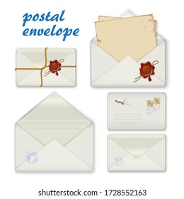Establecer sobre postal, correo, letra, hoja en blanco de papel, sello de cera con cuerda aislada en ilustración vectorial de fondo blanco