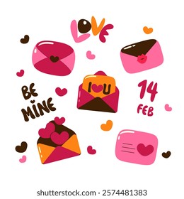 Set of postal envelopes with declarations of love, hearts, kisses, letters. Love words be mine, love, February 14 handwritten. Elements for Valentine's Day, wedding. Vector illustration.