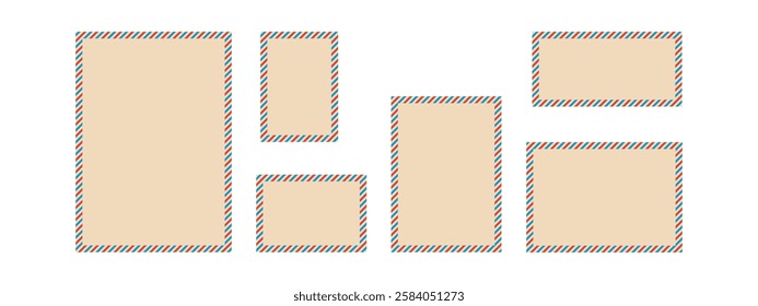 Set of postal envelopes of different sizes. Vector illustration of a letter. Templates for airmail postcards. Vintage frames in beige, red and blue