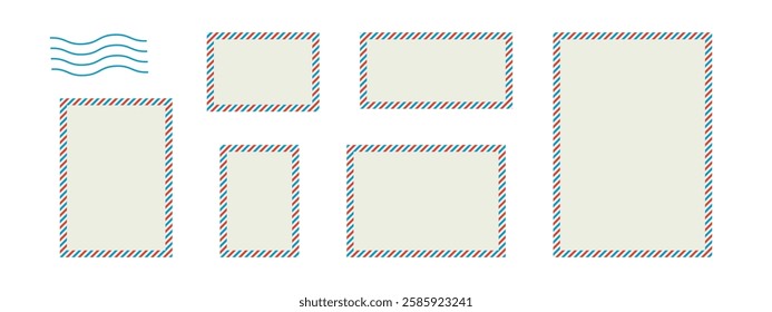 Set of postal envelopes of different sizes. Vector illustration of a letter. Templates for airmail postcards. Vintage frames in beige, red and blue