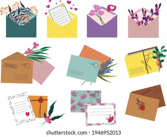 Set of postal envelopes with flowers. Vector elements for use in postcards, decor and design, invitations, flyers, illustrations.