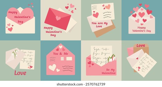 Set of postal envelopes with love letters. Romantic letters and envelops with greeting postcards, holiday mails. Simple, minimalistic, holiday card. Valentines Day card. 