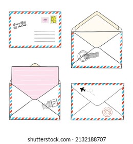 Set of postal envelopes. Modern hand-draw
letters design. Isolated vector illustration