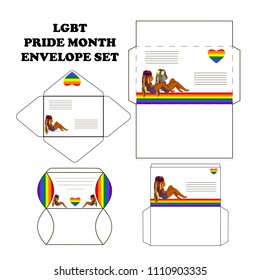 Set of postal envelopes for the Pride month, with silhouettes of girls, vector