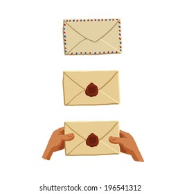 Set of postal envelopes in sketch cartoon style. Envelope in hand, air mail envelope.