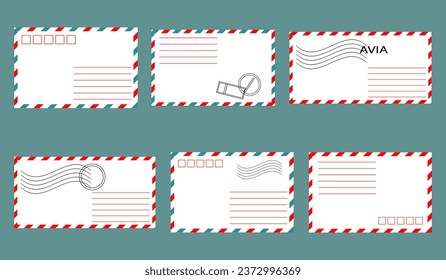 Set of postal envelopes with stamps. Illustration, design elements, vector
