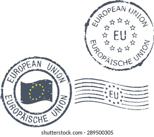 Set of postal grunge stamps 'European Union'. English and german inscription.