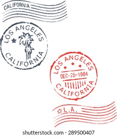 Set of postal grunge stamps 'Los Angeles-California'.Blue and red color.