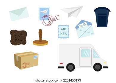 Set Of Postal Icons: Mail Car, Postage Stamp, Stamp, Letter, Envelope, Mailbox, Paper Airplane, Box, Parcel.Postal Items And Mail Delivery.