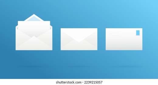 Conjunto de correo postal y sobres. Ilustración realista aislada de sobres cerrados y abiertos con sellos postales. Colección de iconos vectores para el chat web nueva notificación de mensajes.