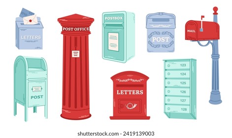 Set of postal letterboxes, postboxes, mailbox for delivery envelopes, parcels. Hand drawn vector illustration isolated on white background.