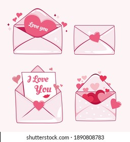 Set of postal letters for valentine s day, hearts, valentine card and other elements.