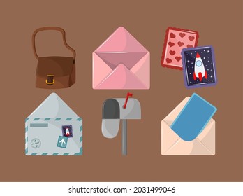 set of postal mail envelopes and packakge
