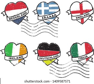 Set of postal rubber stamps, Netherlands, Greece, England, Ireland, Germany and Italy. Inscription in Dutch, Greek, English German and Italian. A ribbon wrapped around the heart with the flag.