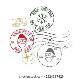 Set of postal rubber stamps Santa Claus Best Wishes Ho-Ho-Ho and Merry Christmas. Retro seals for letter envelopes, greeting cards, passport, parcels. 