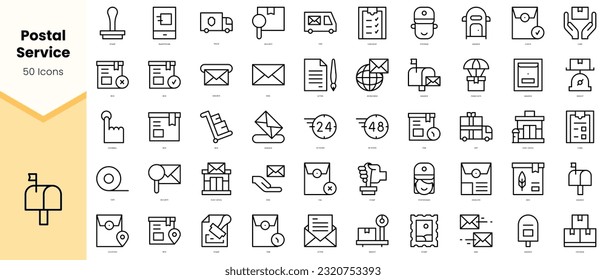 Conjunto de iconos de servicio postal. Paquete de iconos de estilo de arte de línea simple. Ilustración del vector