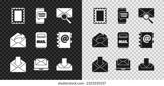 Set Postal stamp, Chat messages notification on phone, Envelope with magnifying glass, Laptop envelope, Download inbox, Outgoing mail and Mail icon. Vector