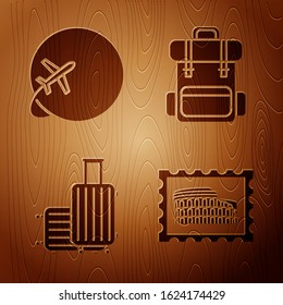 Set Postal stamp and Coliseum, Globe with flying plane, Suitcase for travel and Hiking backpack on wooden background. Vector