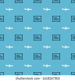Set Postal stamp and Coliseum and Plane on seamless pattern. Vector