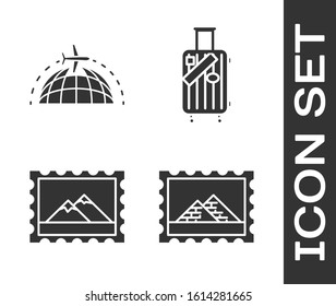 Set Postal stamp and Egypt pyramids, Globe with flying plane, Postal stamp and Mountains and Suitcase for travel and stickers icon. Vector