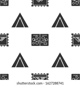 Set Postal stamp and Egypt pyramids, Passport pages with visa stamps and Tourist tent on seamless pattern. Vector
