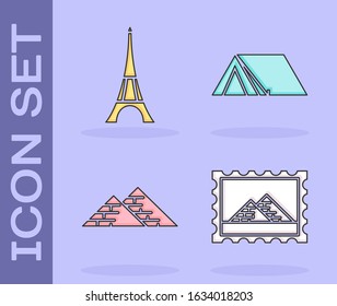Set Postal stamp and Egypt pyramids, Eiffel tower, Egypt pyramids and Tourist tent icon. Vector