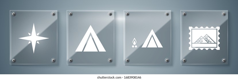 Set Postal stamp and Egypt pyramids, Tourist tent with wood fire, Tourist tent and Wind rose. Square glass panels. Vector