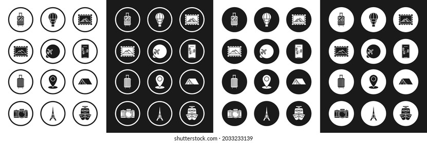 Set Postal stamp and Egypt pyramids, Globe with flying plane, Mountains, Suitcase for travel stickers, Infographic of city map navigation, Hot air balloon, Tourist tent and  icon. Vector