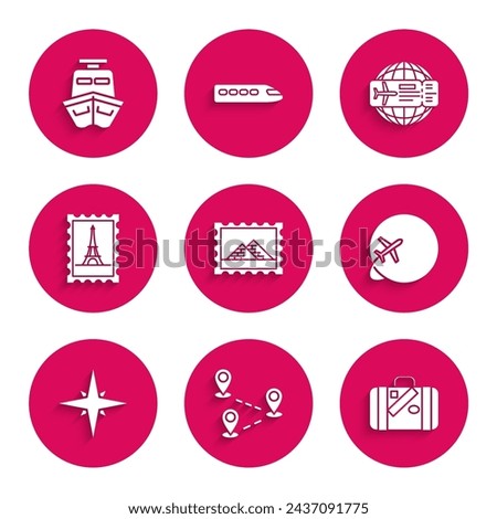 Set Postal stamp and Egypt pyramids, Route location, Suitcase for travel stickers, Globe with flying plane, Wind rose, Eiffel tower, Airline ticket and Ship icon. Vector